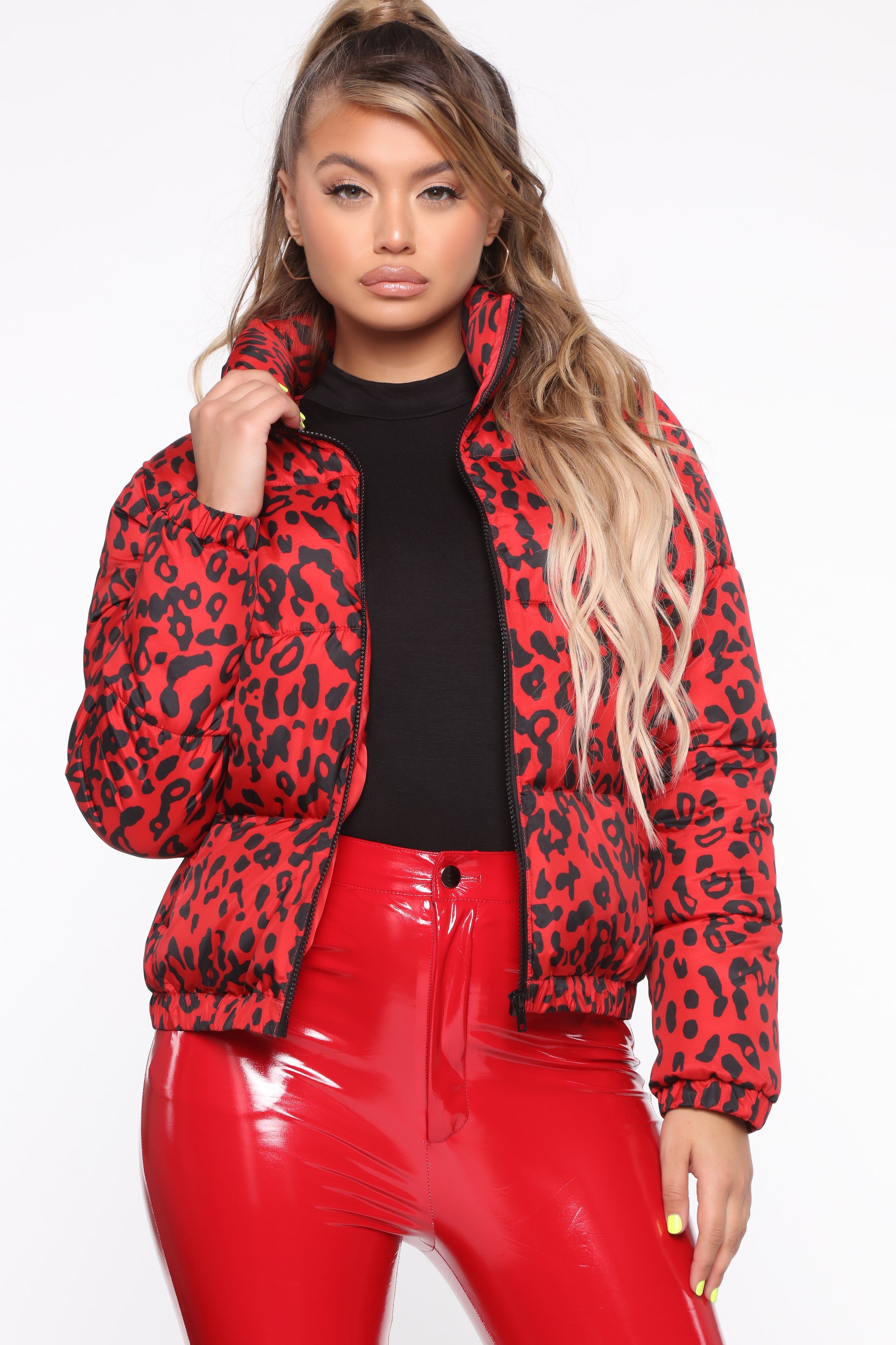 Bad Blood Cheetah Print Puffer Jacket - Red/combo sold by Fashion Nova