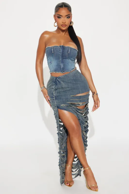 On The Run Distressed Denim Maxi Skirt - Dark Wash sold by Fashion Nova
