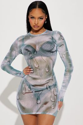 Rain On Me Mesh Mini Dress - Grey/combo sold by Fashion Nova