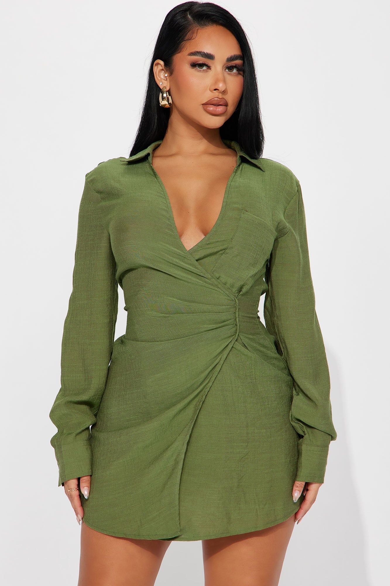Autumn Nights Mini Dress - Green sold by Fashion Nova