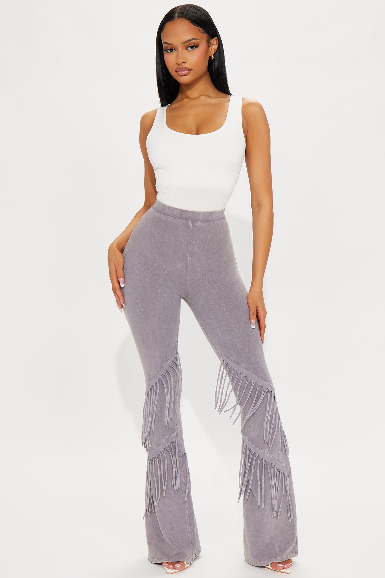 Good Times Fringed Flare Pant - Grey sold by Fashion Nova