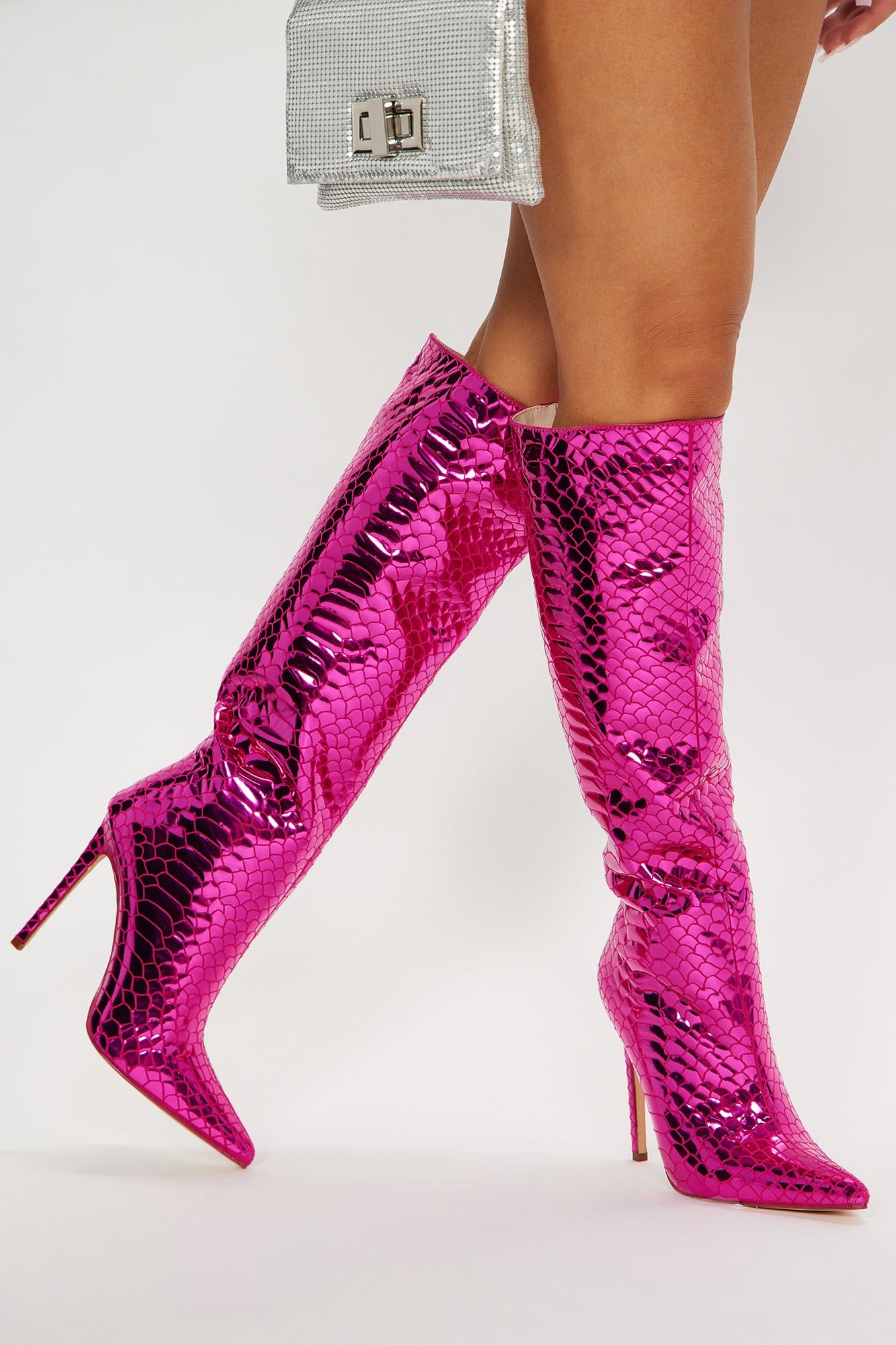 Amira Snakeskin Boots - Pink sold by Fashion Nova