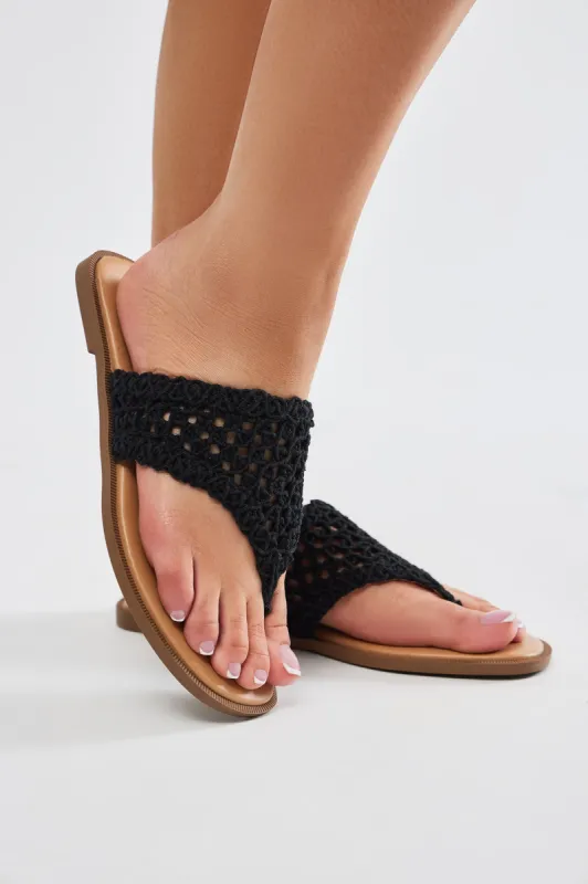 True Feeling Crochet Flip Flops - Black sold by Fashion Nova