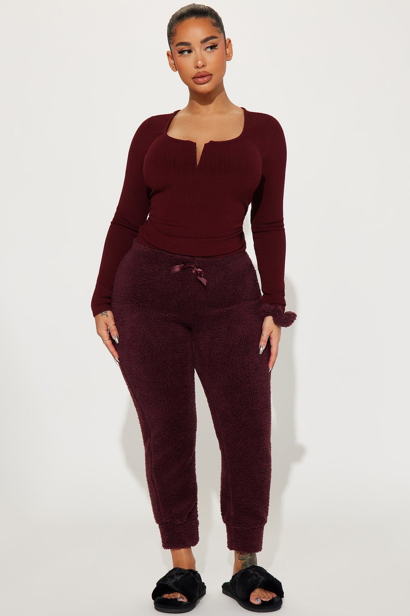 Always Cozy Sherpa PJ Joggers - Burgundy sold by Fashion Nova