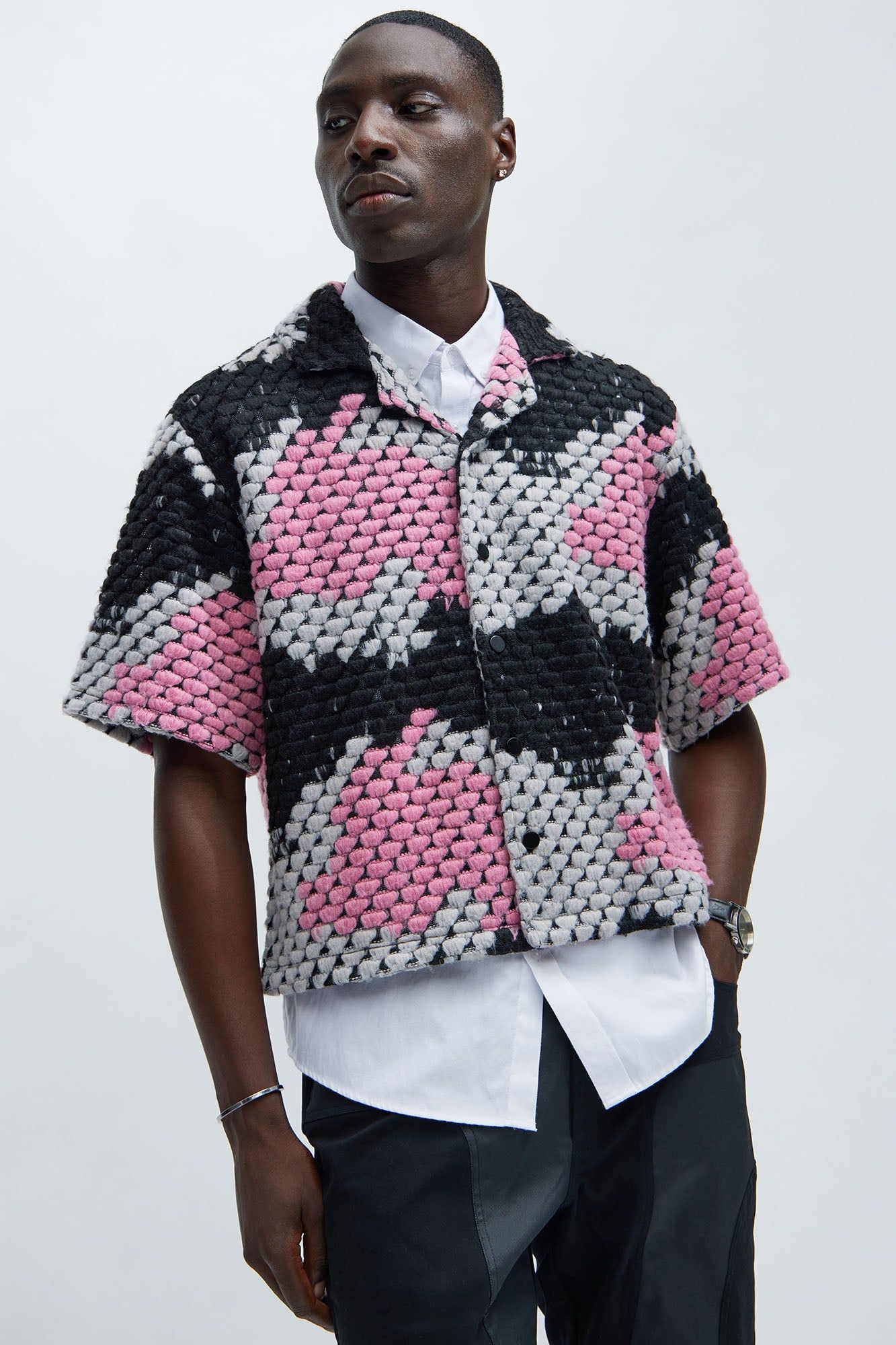 Newbury Jacquard Cropped Shirt - Pink/combo sold by Fashion Nova