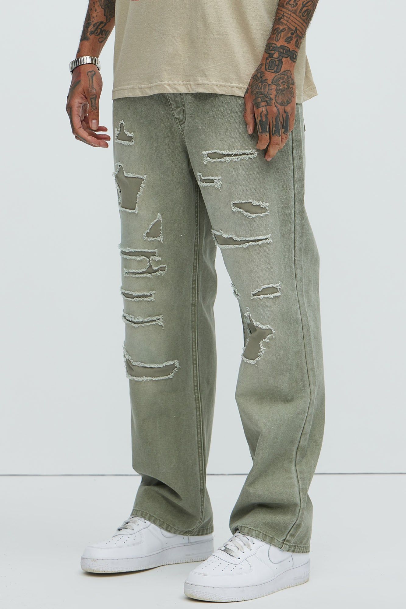 Centola Straight Repaired Pants - Olive sold by Fashion Nova