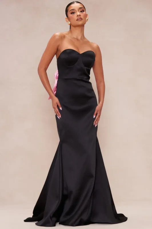 Avianna Satin Bow Gown - Black/Pink sold by Fashion Nova