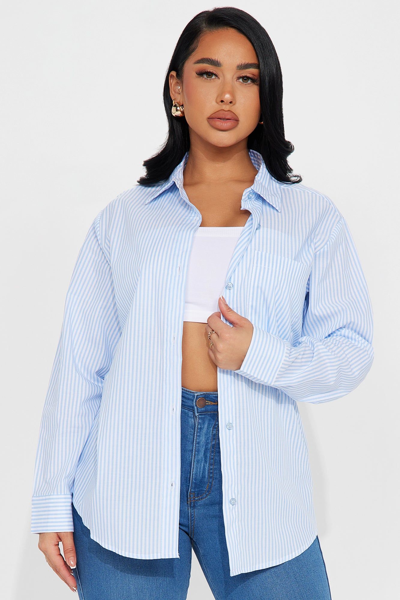 Nayeli Striped Poplin Shirt - Blue/combo sold by Fashion Nova