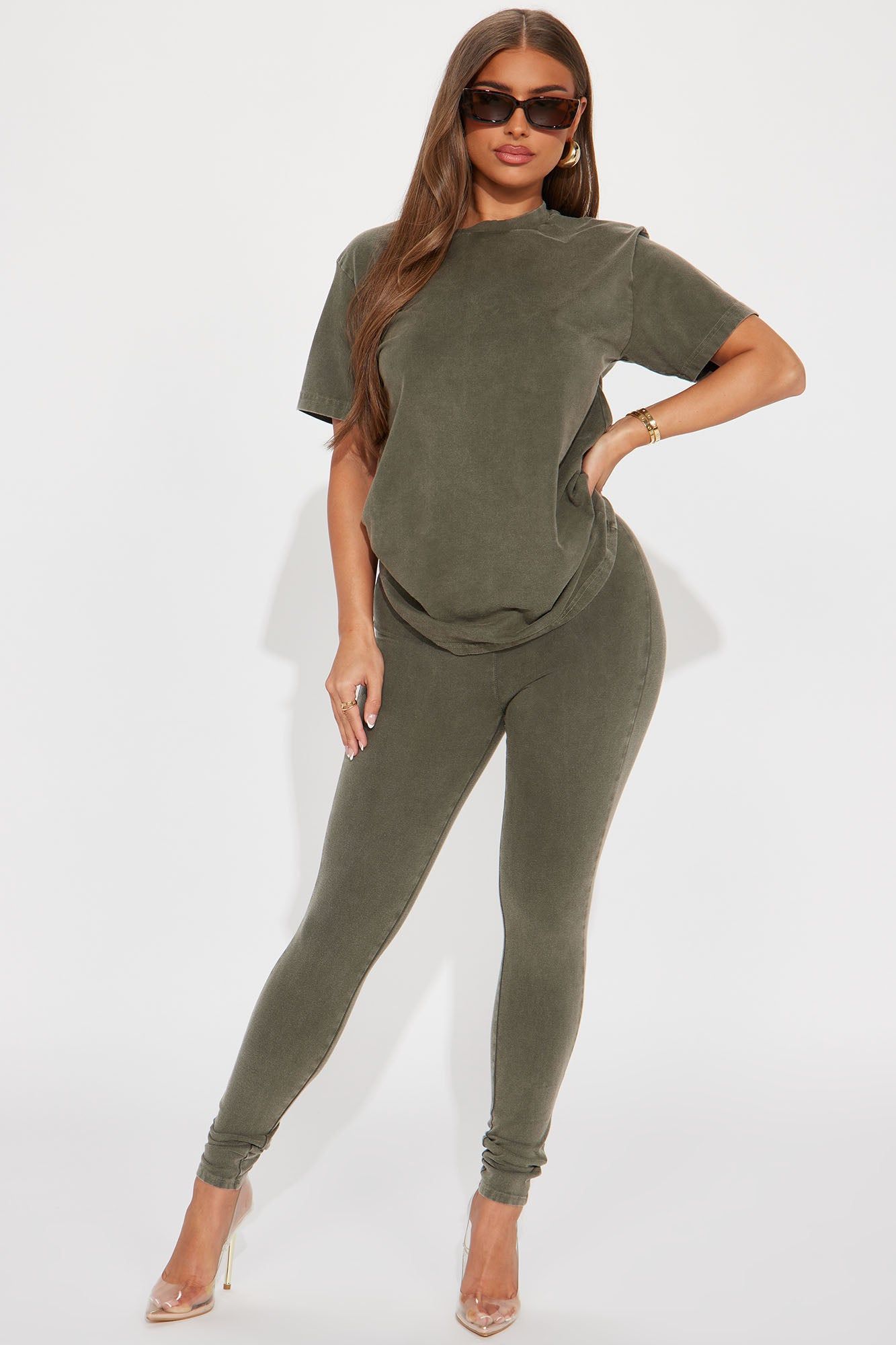 Stepping Out Mineral Wash Legging Set - Olive sold by Fashion Nova