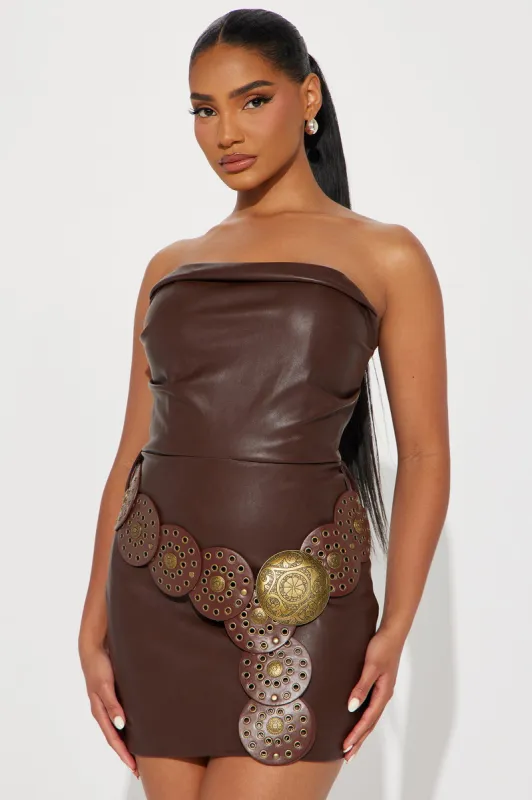 Get Rowdy Faux Leather Micro Mini Dress - Brown sold by Fashion Nova