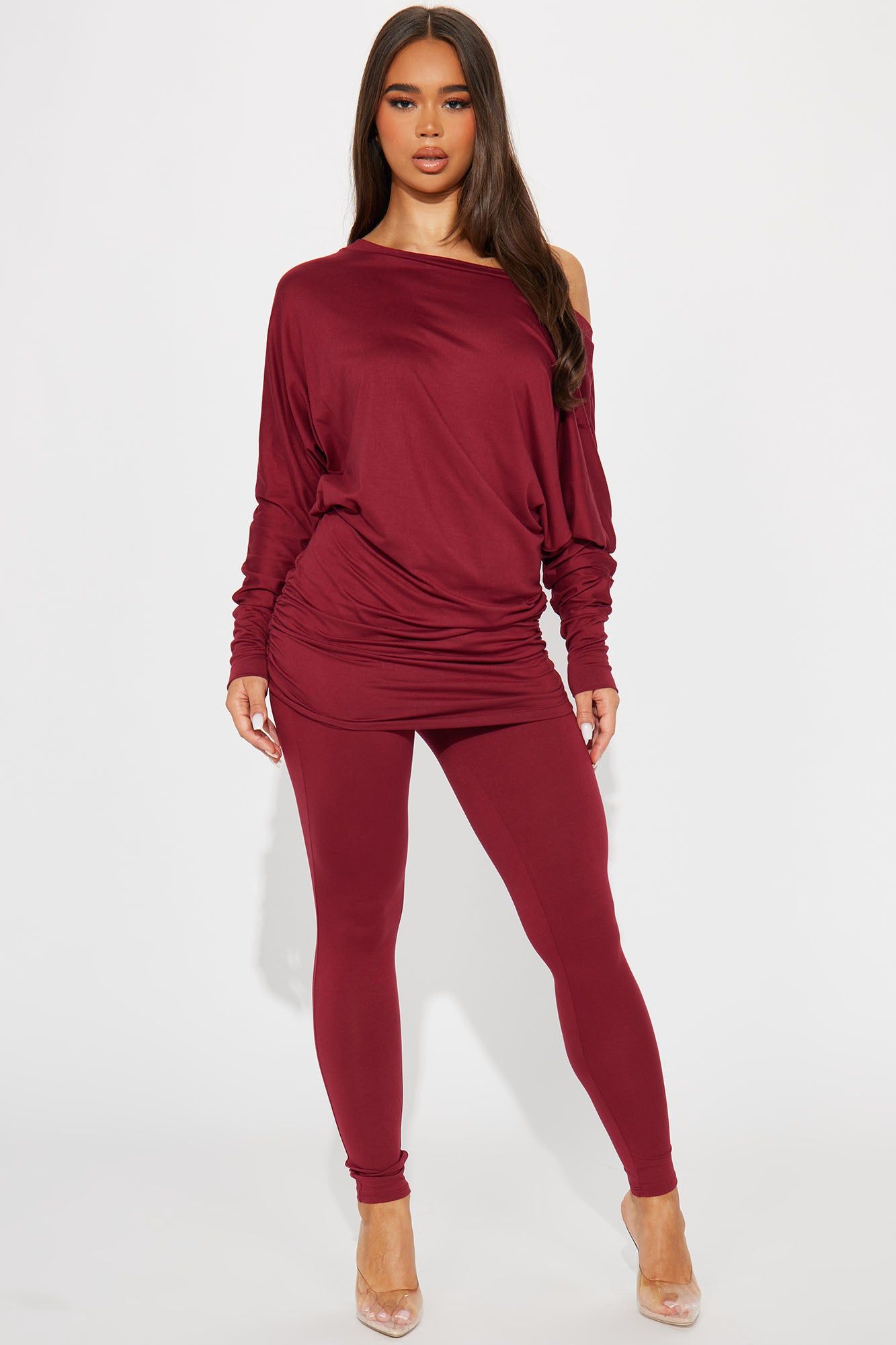 Camila Off Shoulder Legging Set - Wine sold by Fashion Nova