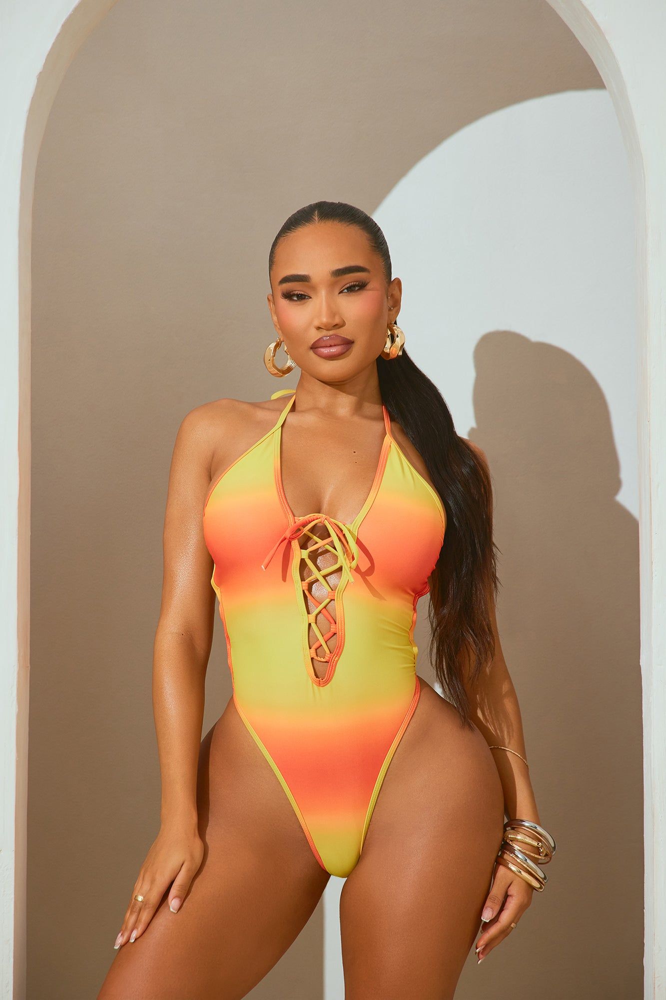 Triste Lace Up 1 Piece Swimsuit - Orange/combo sold by Fashion Nova