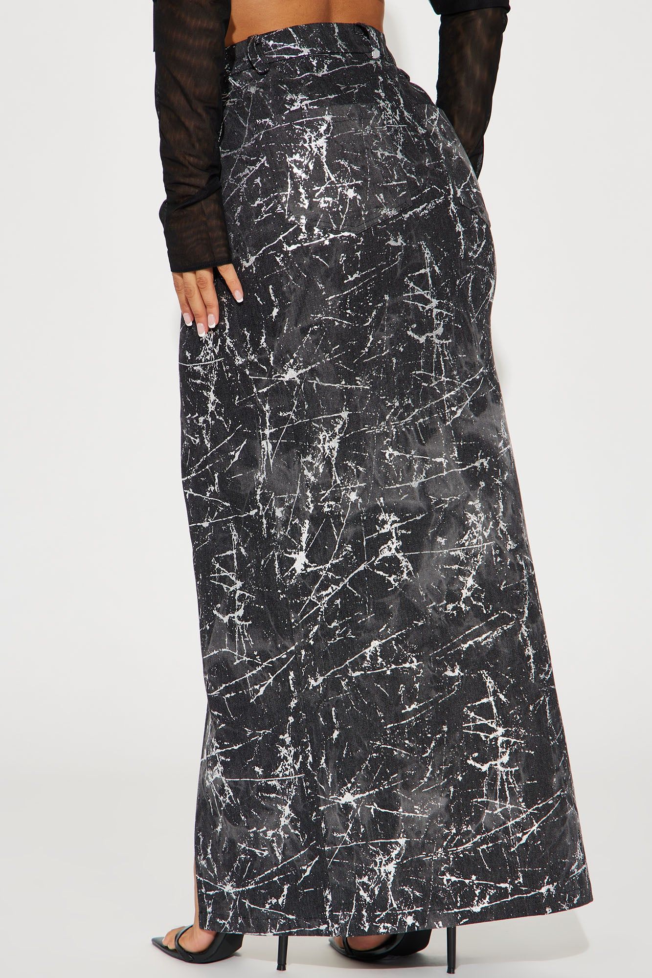 Electra Metallic Foil Denim Maxi Skirt - Grey/combo sold by Fashion Nova product image thumbnail 3