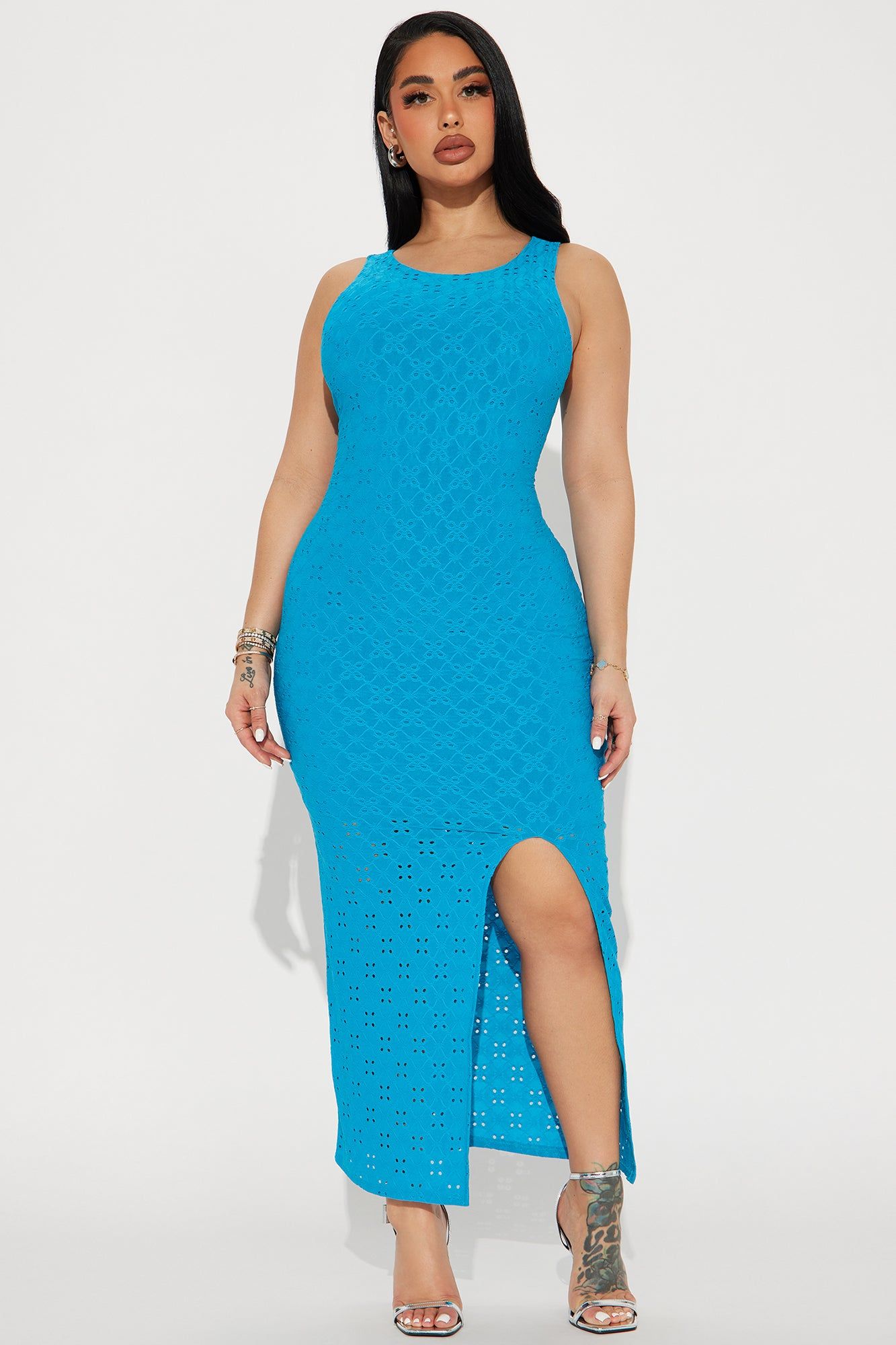 Elise Eyelet Midi Dress - Turquoise sold by Fashion Nova