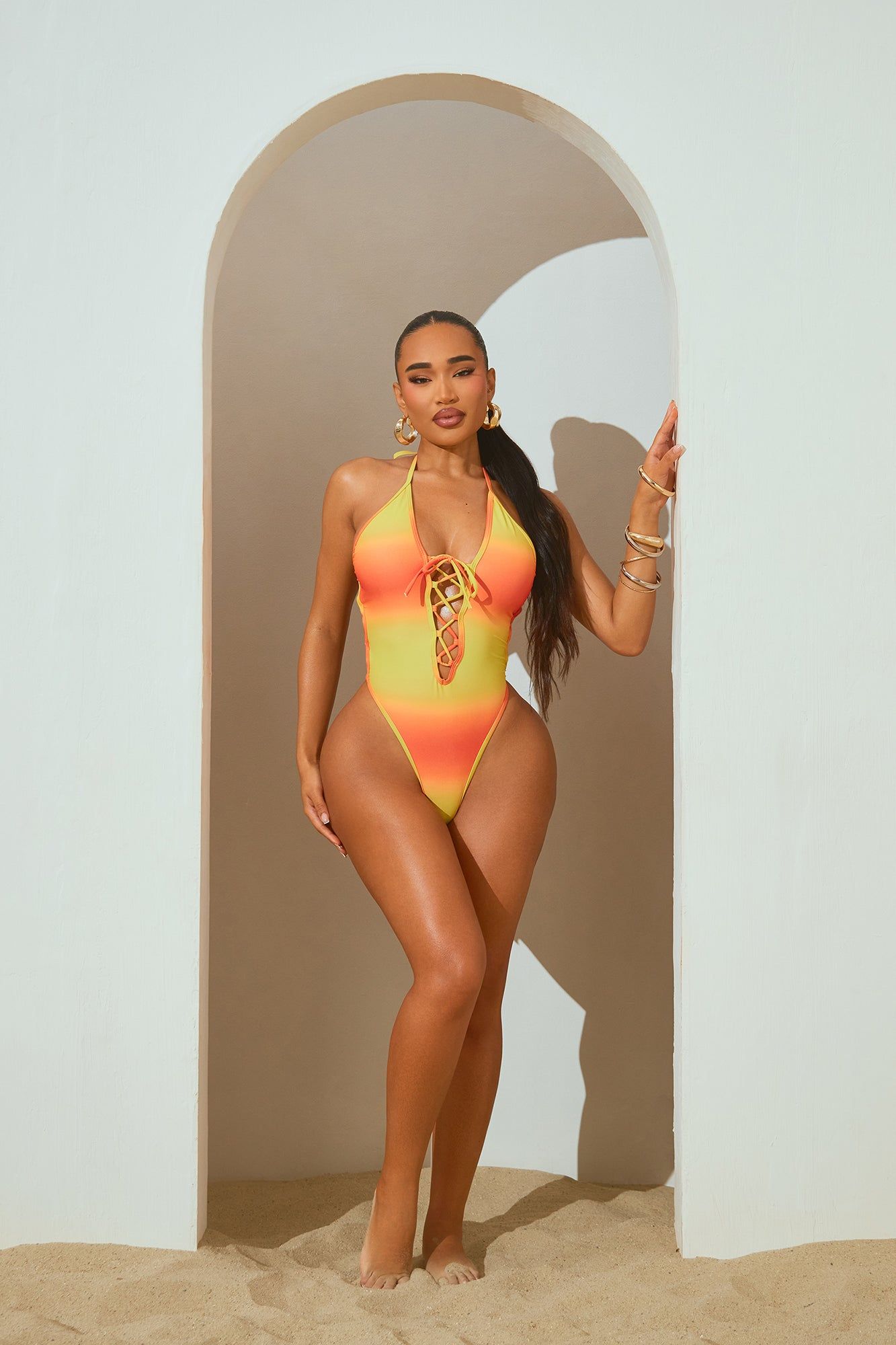 Triste Lace Up 1 Piece Swimsuit - Orange/combo sold by Fashion Nova product image thumbnail 2