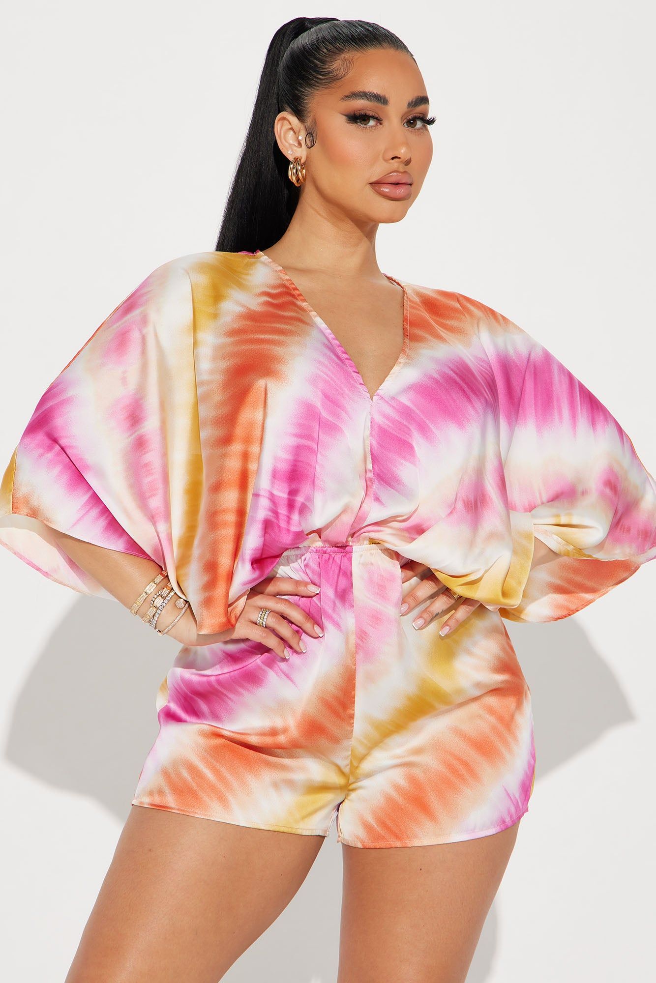 Sail Away Satin Romper - Pink/combo sold by Fashion Nova