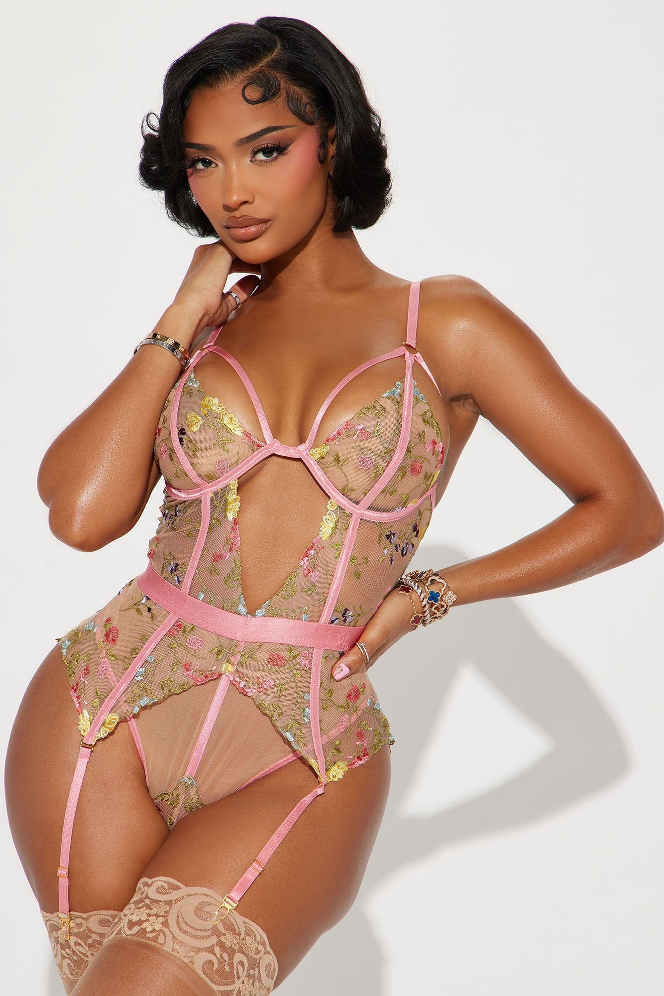 Keep Falling For You Garter Teddy - Pink/combo sold by Fashion Nova