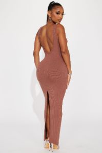 Essential Backless Ribbed Maxi Dress - Brown sold by Fashion Nova