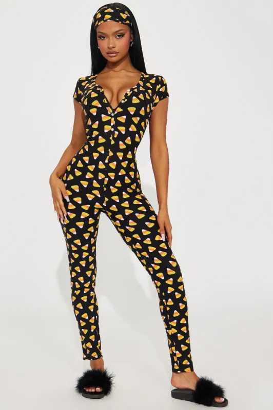 Bite Me Candycorn PJ Jumpsuit Onesie - Black/combo sold by Fashion Nova