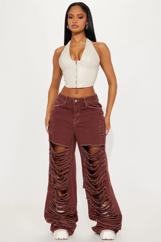Big Dreams Non Stretch Ripped Wide Leg Baggy Jean - Burgundy sold by Fashion Nova