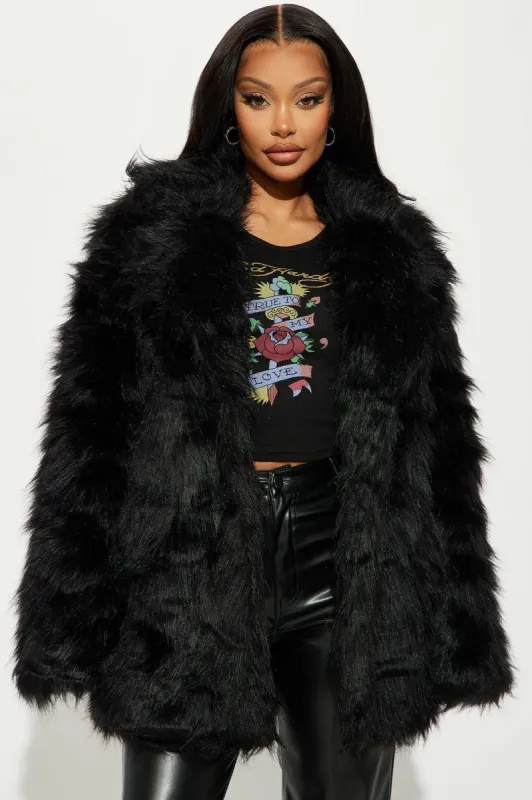 Bring It Back Faux Fur Coat - Black sold by Fashion Nova