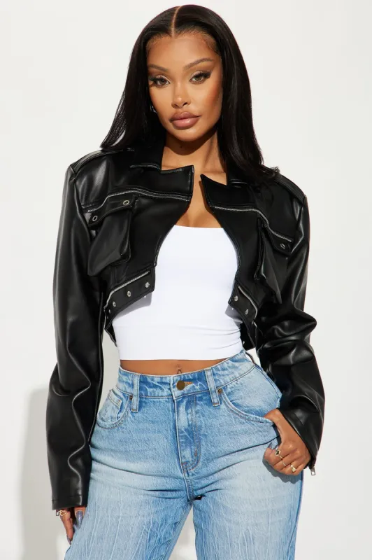Not Your Angel Faux Leather Cropped Moto Jacket - Black sold by Fashion Nova