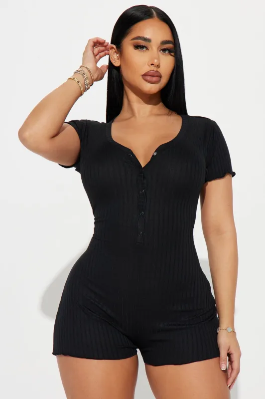 Time For Bed Ribbed PJ Romper Onesie - Black sold by Fashion Nova