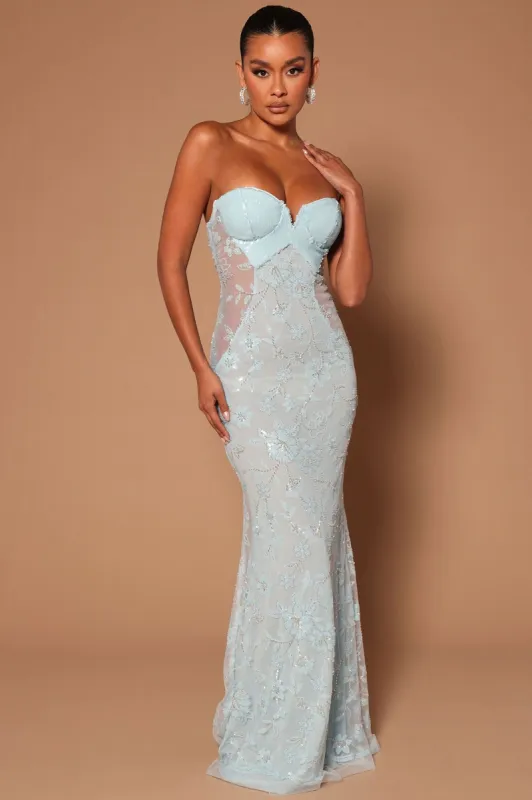 Hollywood Forever Embellished Maxi Dress - Light Blue sold by Fashion Nova