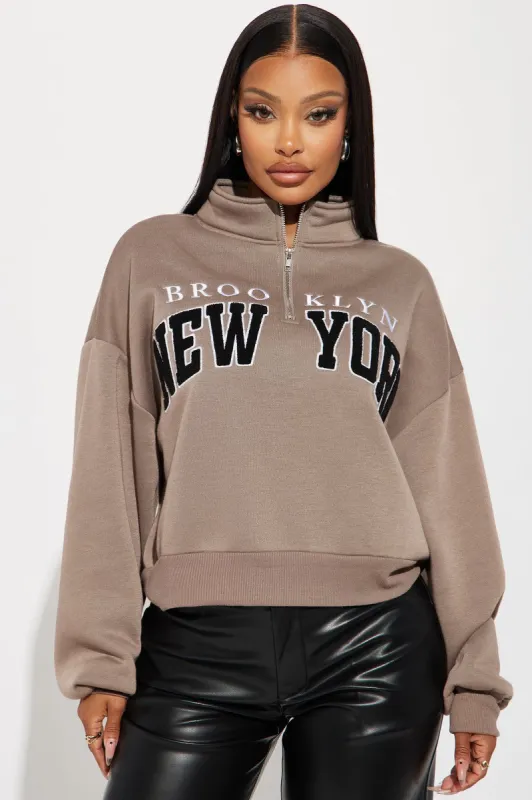 Brooklyn NY Half Zip Sweatshirt - Mocha sold by Fashion Nova