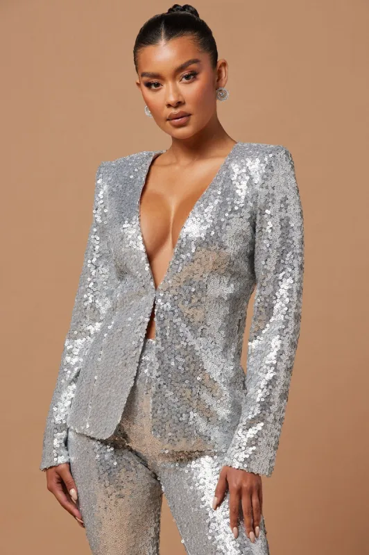 Anais Sequin Blazer - Silver sold by Fashion Nova