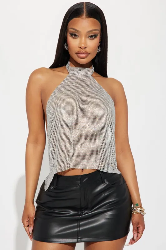 Glam Nights Rhinestone Halter Top - Silver sold by Fashion Nova