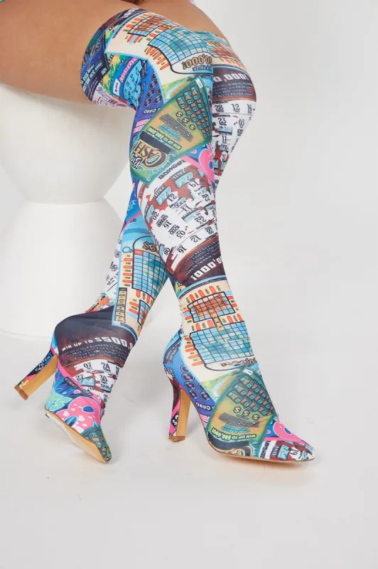 Hit The Lottery Over The Knee Heeled Boots - Multi Color sold by Fashion Nova