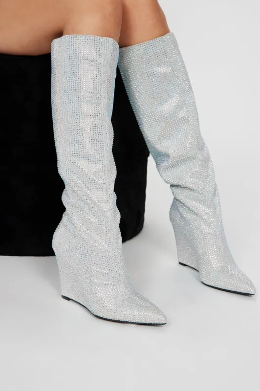 Dream Come True Knee High Boots - Silver sold by Fashion Nova