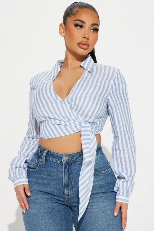 Beach Cruisin' Linen Blouse Top - White/Blue sold by Fashion Nova