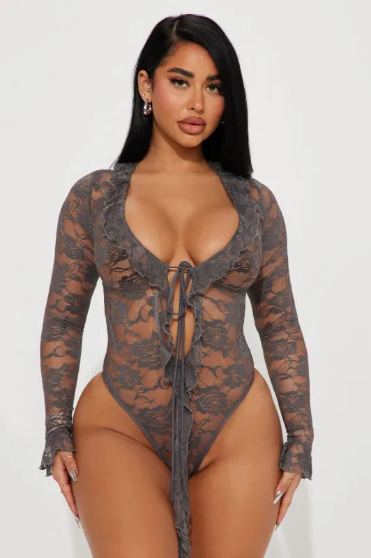 Romantic Rock Lace Bodysuit - Charcoal sold by Fashion Nova