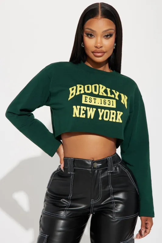 Established in Brooklyn Long Sleeve Crop Top - Hunter sold by Fashion Nova