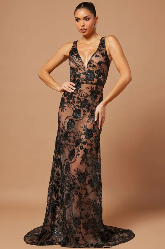 Serena Sequin Embroidered Gown - Black sold by Fashion Nova