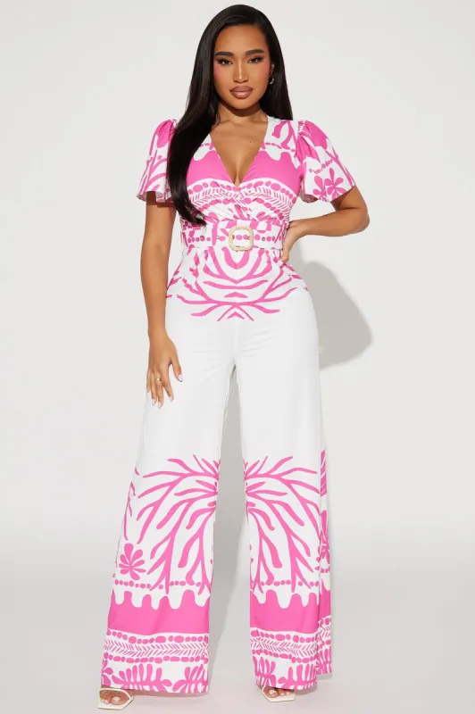 Palm Springs Jumpsuit - Fuchsia/combo sold by Fashion Nova
