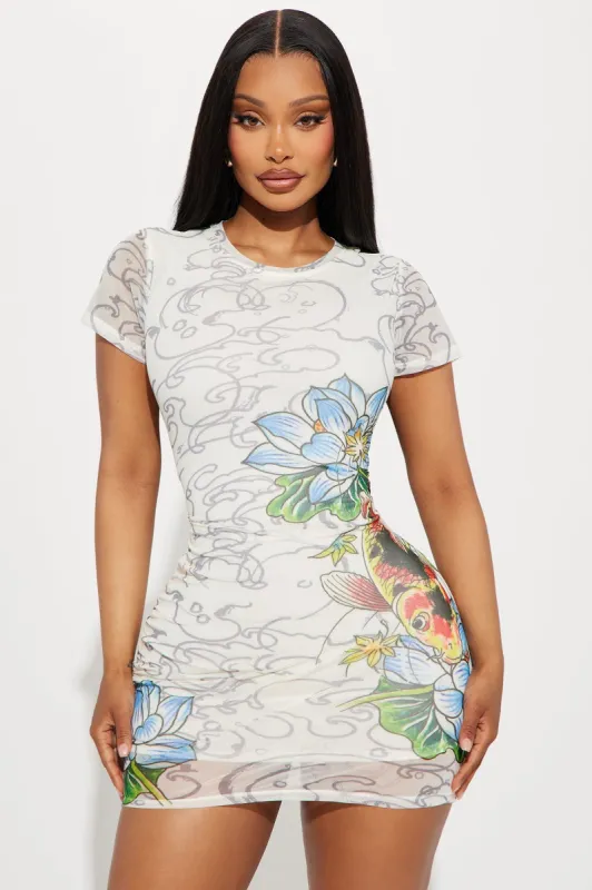 Ed Hardy Koi Mesh Mini Dress - Ivory sold by Fashion Nova