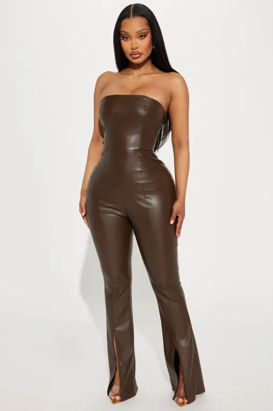 Midnight Till Morning Faux Leather Jumpsuit - Chocolate sold by Fashion Nova