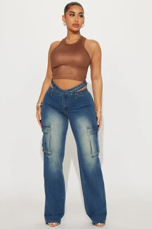 Burning Desire Belted Cargo Jean - Medium Wash sold by Fashion Nova