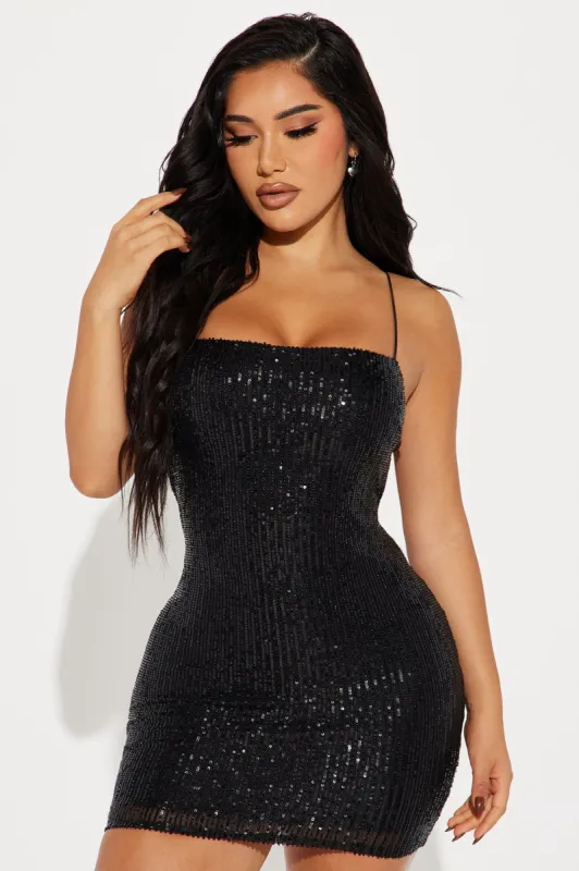 Natalie Sequin Micro Mini Dress - Black sold by Fashion Nova