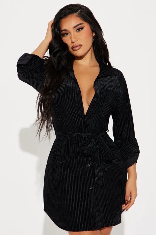 Jenni Velvet Mini Shirt Dress - Black sold by Fashion Nova