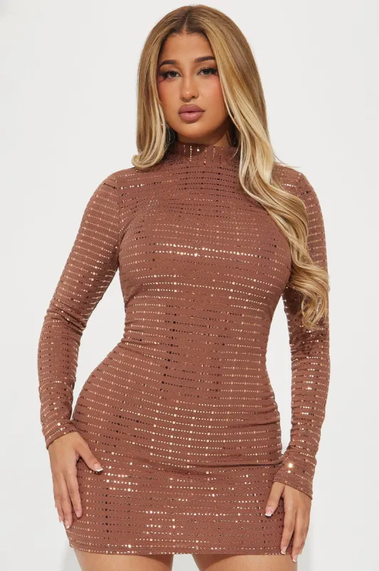Issa Slinky Glitter Mini Dress - Mocha sold by Fashion Nova