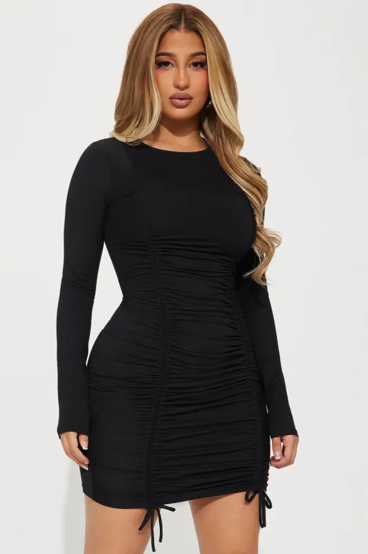 Amy Ruched Mini Dress  - Black sold by Fashion Nova