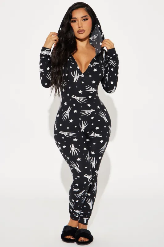 Too Cute To Spook Fleece PJ Jumpsuit Onesie - Black/combo sold by Fashion Nova