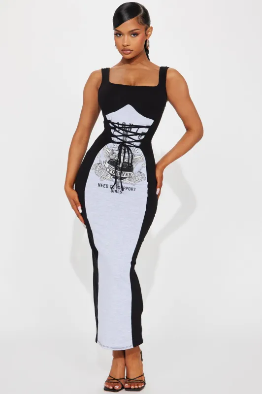 Hold Me Tight Maxi Dress - Grey/Black sold by Fashion Nova