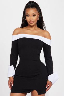 Alice Off Shoulder Mini Dress - Black/White made by Fashion Nova
