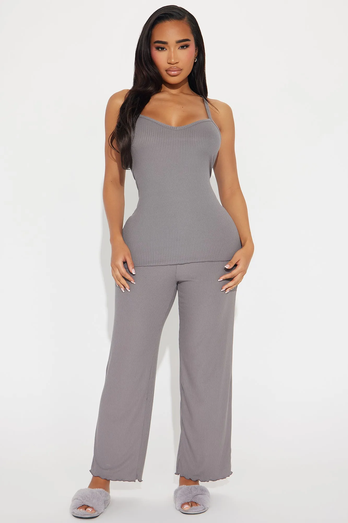 Comfy Mood Ribbed PJ Pant Set - Charcoal sold by Fashion Nova