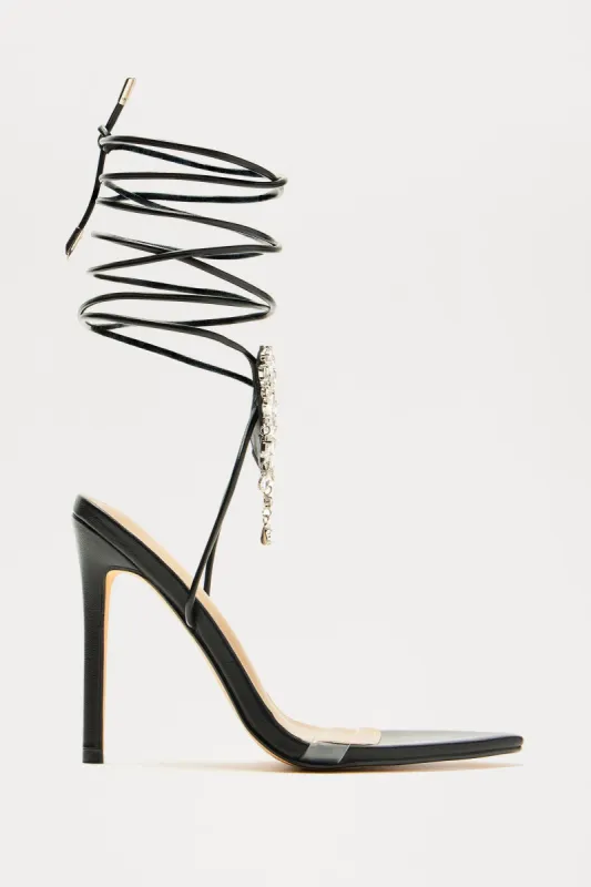 Melt My Heart Rhinestone Wrap Up Heels - Black sold by Fashion Nova